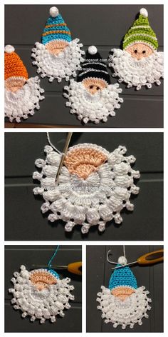 crocheted christmas ornament with santa's face and snowflakes