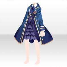 an anime character wearing a blue coat and dress with gold trimmings, standing in front of a white background