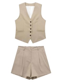 Upgrade your summer wardrobe with this chic and stylish Women's Slim-Fit Sleeveless Suit Vest + High Waist Shorts Causal Set. Whether you're heading to the office or out for a casual brunch, this versatile ensemble will make you look effortlessly put-together. The slim-fit sleeveless suit vest adds a touch of sophistication, while the high waisted shorts offer a flattering silhouette. Crafted from quality materials, this causal set promises a comfortable fit and unmatched durability. The sleeveless vest features a modern design and can be easily paired with other pieces in your wardrobe for endless outfit options. The high waisted shorts are designed to accentuate your curves and provide all-day comfort. Available in a range of trendy colors, this suit vest and shorts set is perfect for an Khaki Suit, Womens Waistcoat, Orange Suit, Khaki Tops, Army Green Shorts, Sets Summer, Beige Suits, Sleeveless Suit, Women's Outfit Sets