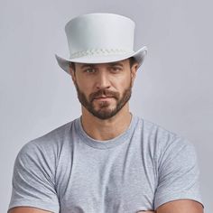 A man wearing Ghost Rider White Leather Top Hat White Top Hat, Leather Top Hat, American Hat Makers, American Hat, Outback Hat, Funky Hats, Mens Hats Fashion, Hat Styles, Wide Brim Fedora