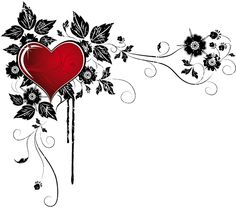 a red heart surrounded by black flowers and vines on a white background with space for text