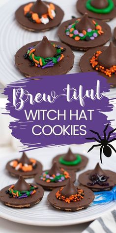 some brown witch hat cookies on a white plate with purple and green sprinkles