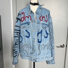 Authentic. Condition Is Like New. Only Worn 2-3 Times Outside. Distressed Vintage Denim Jacket For Streetwear, Punk Distressed Denim Jacket For Streetwear, Edgy Distressed Blue Denim Jacket, Edgy Blue Distressed Denim Jacket, Distressed Denim Blue Grunge Jacket, Graffiti Print Denim Jacket For Streetwear, Punk-style Distressed Cotton Denim Jacket, Jeans Denim, Rivets