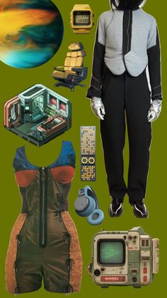 a collage of various items including an astronaut's suit