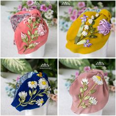 four different styles of hats with flowers on them