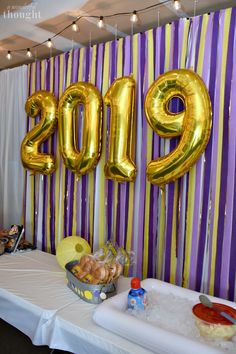 the table is set up with balloons and food