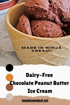 dairy - free chocolate peanut butter ice cream in a yellow bowl on a marble counter