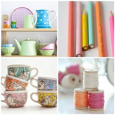 there are many different types of crafting supplies on this page, including mugs and cups