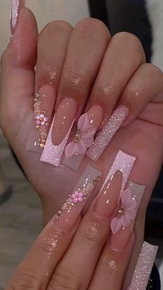 Nail For Quinceanera, Pink Quinceanera Nail Ideas, Glitter Freestyle Nails, Quince Nails Glitter, Flower On Acrylic Nails, Cute Nail Inspiration Acrylic, 21st Birthday Nails Coffin, Pink Quince Nails With Butterflies, Nail Designs Bday