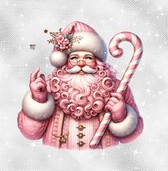 a pink santa clause holding a candy cane