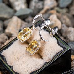 This wonderful pair of pierced earrings feature an 18K yellow gold dangle style halo setting and topped with a platinum half hoop. Each earring is accented with one (1) cushion modified brilliant cut fancy yellow colored diamond surrounded by a halo of twenty-six (26) round diamonds all prong set. The top of each earring has a half hoop containing thirteen (13) diamonds set outside and inside of the hoop and all bead set. The earrings are finished with a post and la pousette backs. The earring measure 22.7mm from top to bottom of dangle and have a width of 9.51mm. Luxury Yellow Diamond Drop Earrings, Luxury Yellow Gold Earrings With Halo Design, Yellow Halo Design Earrings In Fine Jewelry, Yellow Halo Design Fine Jewelry Earrings, Fine Jewelry Yellow Earrings With Halo Design, Yellow Halo Design Earrings Fine Jewelry, Luxury Diamond Dangle Earrings With Halo Design, Luxury Gia Certified Yellow Gold Diamond Earrings, Luxury Dangle Diamond Earrings With Halo Design