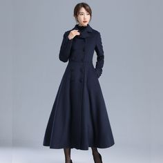 "\" It is strikingly elegant, and it carries itself with a brilliance of beauty and grandeur. It has a great classic silhouette.\" Details: * More color optional https://etsy.me/3AwTfvZ * Wool composition \" 50% wool blend + fiber + nylon\" ; Thick weight and warm wool * Absolutely fantastic coat! Very well-made and fully lined (matching satiny material). * It is classic and the color is so vibrant, color is shown in the picture-navy blue * double breasted fastening * two pockets * long sleeves Long Wool Coat Women, Fit And Flare Coat, Princess Coat, Wool Coat Women, Long Wool Coat, Blue Coat, Winter Gear, Wool Clothing, Wedding Wraps