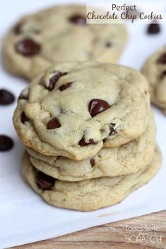 chocolate chip cookies stacked on top of each other