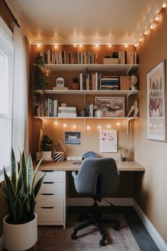 a home office with bookshelves and lights on the wall, along with a plant