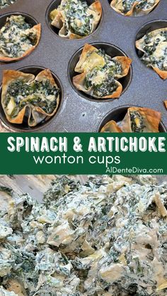 spinach and artichoke wonton cups in a muffin tin with text overlay