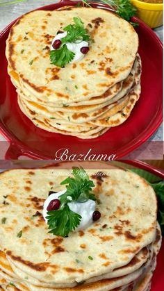 three plates filled with food on top of a red plate and topped with sour cream