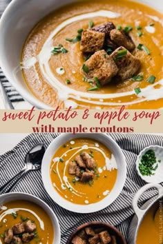 sweet potato and apple soup with maple croutons in white bowls on a table