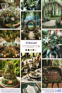 a collage of green and white wedding decor