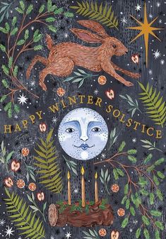 a greeting card with an image of a rabbit on the moon, surrounded by leaves and stars