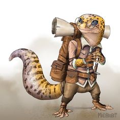 a drawing of a lizard with a telescope in its mouth and a backpack on it's back