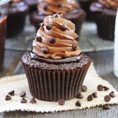 chocolate cupcakes with frosting and chocolate chips