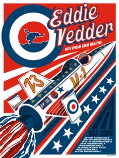 an advertisement for eddie vedderr's rocket ship, with stars and stripes