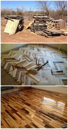 two pictures showing different types of wood flooring and the same area that is being used for