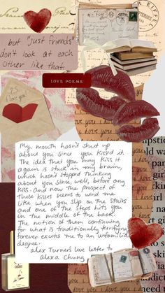 the collage is made up of many different items and words, including letters, envelopes