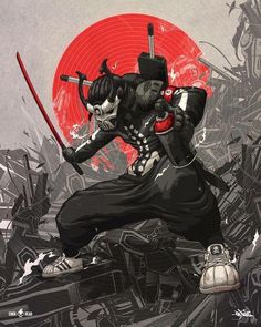 an anime character holding two swords in front of a red and black background with the sun behind him