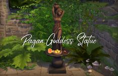 a statue in the middle of a lush green forest with text that reads pagan goddess statue