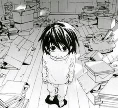 an anime character standing in front of piles of books on the floor with his head down