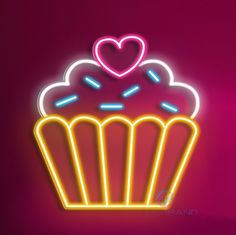 a neon cupcake with a heart on top