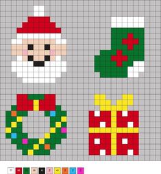 cross stitch christmas sweater patterns with santa's hat, wreath and presents on them