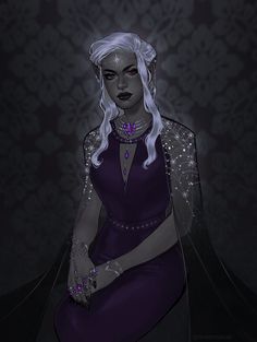 a drawing of a woman with white hair wearing a purple dress and tiara, sitting in a dark room