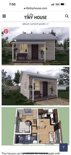 the tiny house is shown in three different views