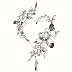 a black and white drawing of flowers in the shape of a heart