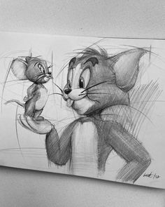 a pencil drawing of a cat and mouse