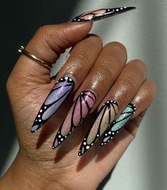 Stiletto Butterfly Nails, Safari Nails, Candy Cat, Pop Art Nails, Abstract Nail, August Nails, Butterfly Nails, Nail Looks, Tie Dye Nails