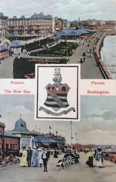 an old postcard shows people walking on the boardwalk and in the distance, there are buildings