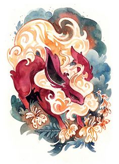 a watercolor painting of a red and white animal with swirls on it's back