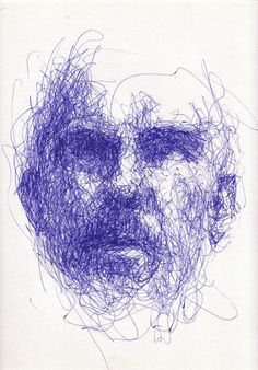 a drawing of a man's face with blue lines on it and the image is drawn