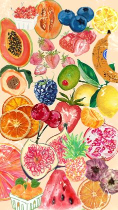 a bunch of fruit that are on top of a pink background with watercolors