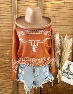 Western Dream Sweater Model is a 5/6 and sized down too a small. Material:55% cotton/45% acrylic Closet Rebuild, Western Couture, Western Sweaters, Rodeo Style, Angel Makeup, Western Work, Western Halloween, Western Boutique, Western Lifestyle