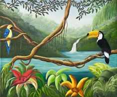 a painting of two birds perched on a tree branch in front of a river and jungle