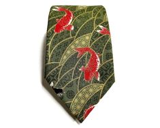 JAPANESE HANDMADE NECKTIE ✥ Ties are perfect for: ❀ Birthdays ❀ Weddings ❀ Business ❀ Dating ❀ Graduation ❀ Party ❀ Cosplay and more!  Wear it with your favorite suit, jacket or without suspenders.  ⁎ Dimensions - 8-10cm X 150-153cm ( Sizes may vary slightly due to being handmade ) ⁎ Fabric - Cotton, Polyester (Made In Japan) ⁎ Brand: Handmade ⁎ Country/Region of Manufacture: Japan ⁎ Design - Koi fish pattern, Japanese Kimono Style, Traditional Japanese Design, Japanese symbols neck tie, Japanes Red Tie For Father's Day Gift, Green Ties For Father's Day, Adjustable Suit And Tie Accessories For Father's Day Gift, Japanese Symbols, Men Christmas Gift, Pattern Japanese, Liberty Print Fabric, Design Japonais, Birthday Gift For Dad