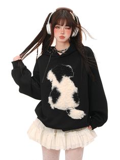 Embrace cuteness with our delightful hoodie, adorned with an adorable puppy back design that adds a playful touch to your outfit. The hood is uniquely styled with a crisscross drawstring, providing both functionality and a trendy look. Perfect for casual wear, this hoodie combines comfort and kawaii fashion effortlessly.  Please note, the price is for one hoodie only.   	 		 			Size 			S 			M 			L 		 		 			Length 			70 			72 			74 		 		 			Bust 			116 			120 			124 		 		 			Shoulders 			54 			55 			56 		 		 			Sleeve Length 			57 			58 			59 Cute Fleece Sweatshirt With Drawstring Hood, Cute Fleece Hoodie With Drawstring, Playful Hoodie With Drawstring Hood For Streetwear, Playful Hoodie With Drawstring Hood, Playful Black Hooded Hoodie, Semi Sheer Top, Adorable Puppy, Raw Hem Jeans, Reasons To Smile