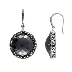 Earring Details: Length: 1.75 in. Backings: fishhook Metal: sterling silver Features: scrollwork setting Stone Details: Stone type: genuine hematite, genuine marcasite Cut: checkerboard round, round Setting: prong Made with Swarovski Marcasite Size: One Size. Color: Grey. Gender: female. Age Group: adult. Nickel-free Round Earrings For Evening, Nickel Free Round Earrings For Evening, Halo Design Drop Earrings For Evening, Evening Halo Design Drop Earrings, Sterling Silver Halo Earrings For Evening, Sterling Silver Earrings With Halo Design For Evening, Sterling Silver Halo Design Earrings For Evening, Evening Round Earrings With Halo Design, Black Leggings Style