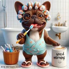 a cartoon dog brushing its teeth while wearing glasses and holding a toothbrush in it's mouth