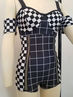 F 1 INSPIRED. Comfortable spandex short leotard with details on mesh and attached armbands style sleeve. Constructed with two different checkered prints, ton sur ton. Perfect for aerialists, contortionists, hoops, variety performances.  Size S Aerial Circus, Leotard Costume, Spandex Shorts, Women's Costumes, F 1, Leotards, Arm Band, Circus, Dream Closet