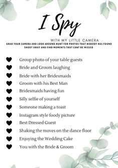 a wedding checklist with the words i spy written in black and white on it